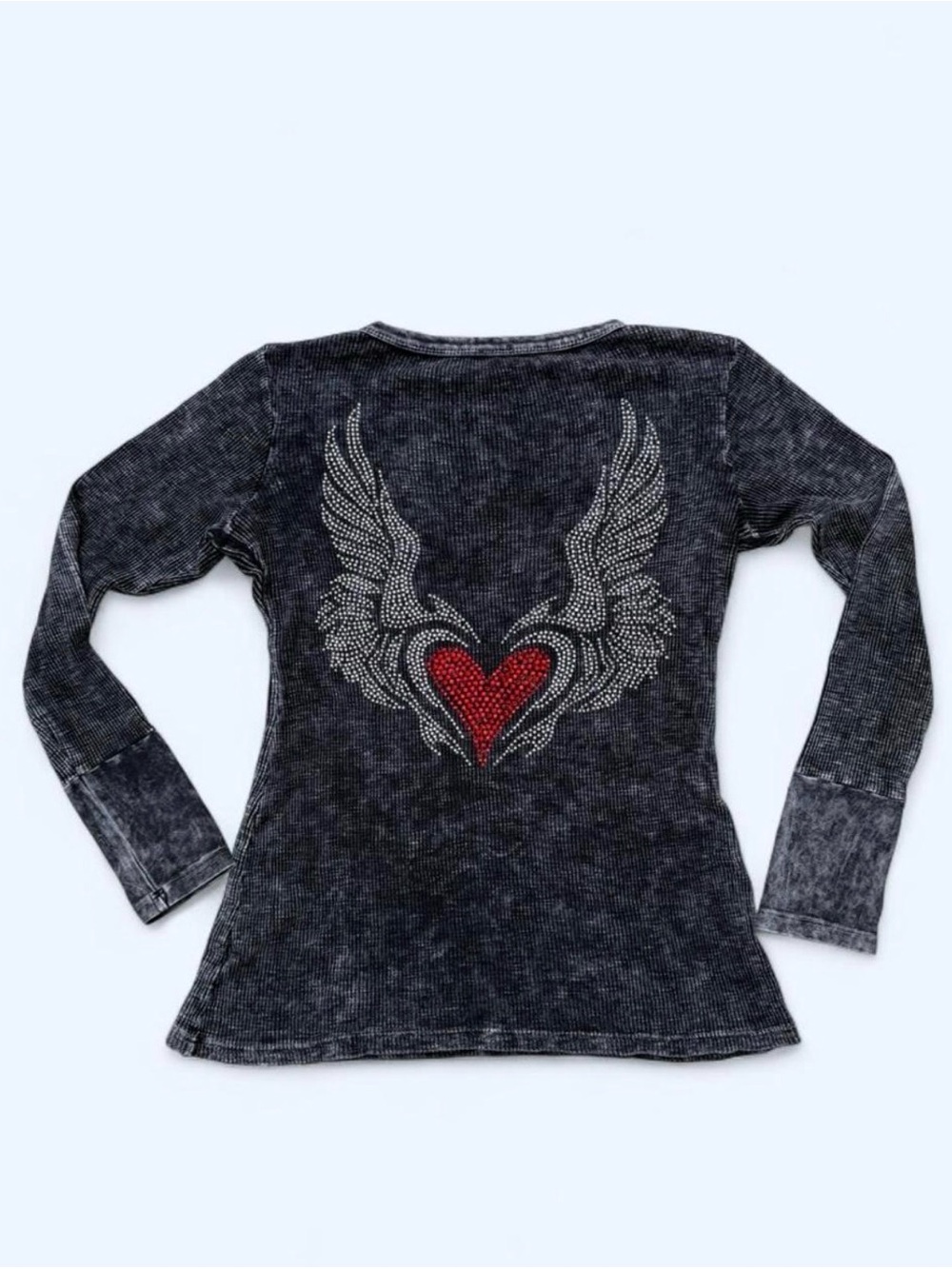 Y2K Bling Rhinestone Heart & Wings Gray Charcoal Waffle Knit Shirt Grunge Size M